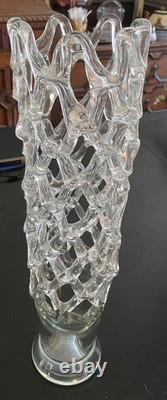 Vintage MCM Murano Lattice Woven Art Glass vase Made in Italy Hand-Blown 20