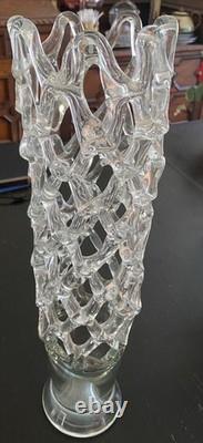 Vintage MCM Murano Lattice Woven Art Glass vase Made in Italy Hand-Blown 20