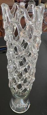 Vintage MCM Murano Lattice Woven Art Glass vase Made in Italy Hand-Blown 20