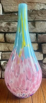 Vintage MCM Pink & Blue Hand-Blown Mottled Murano Solifleur Art Glass Vase