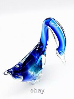 Vintage MURANO 9 Tall Hand Blown Art Glass Blue Swirl Swan Bird Statue Figure