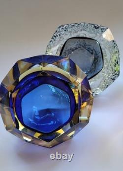 Vintage MURANO Facet Cut Ice Textured BOWL Mandruzzato Venice Hand Blown Smoke