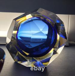 Vintage MURANO Facet Cut Sommerso BOWL Mandruzzato Blue Amber Venice Hand Blown