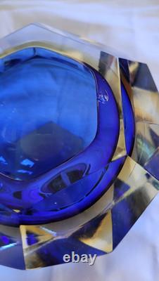Vintage MURANO Facet Cut Sommerso BOWL Mandruzzato Blue Amber Venice Hand Blown