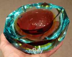 Vintage MURANO Glass MID-CENTURY MODERN Mandruzzato FACETED SOMMERSO Geode Bowl