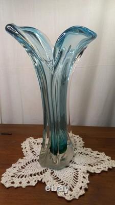 Vintage Mcm Hand Blown Vase Blue Green Split Top Unique Art Glass 13.5 Murano