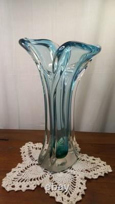 Vintage Mcm Hand Blown Vase Blue Green Split Top Unique Art Glass 13.5 Murano