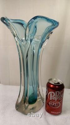 Vintage Mcm Hand Blown Vase Blue Green Split Top Unique Art Glass 13.5 Murano