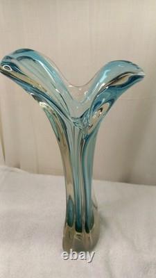 Vintage Mcm Hand Blown Vase Blue Green Split Top Unique Art Glass 13.5 Murano
