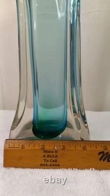 Vintage Mcm Hand Blown Vase Blue Green Split Top Unique Art Glass 13.5 Murano