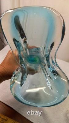 Vintage Mcm Hand Blown Vase Blue Green Split Top Unique Art Glass 13.5 Murano