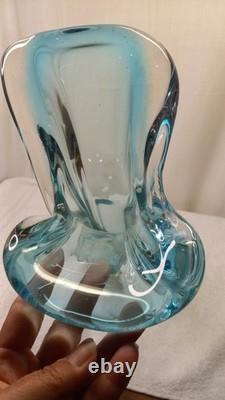 Vintage Mcm Hand Blown Vase Blue Green Split Top Unique Art Glass 13.5 Murano