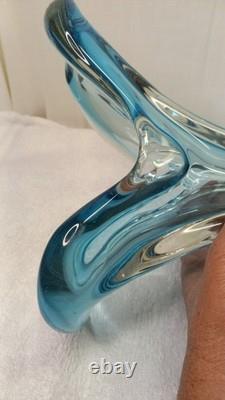 Vintage Mcm Hand Blown Vase Blue Green Split Top Unique Art Glass 13.5 Murano