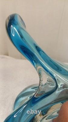 Vintage Mcm Hand Blown Vase Blue Green Split Top Unique Art Glass 13.5 Murano