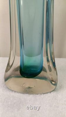 Vintage Mcm Hand Blown Vase Blue Green Split Top Unique Art Glass 13.5 Murano