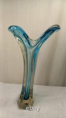 Vintage Mcm Hand Blown Vase Blue Green Split Top Unique Art Glass 13.5 Murano