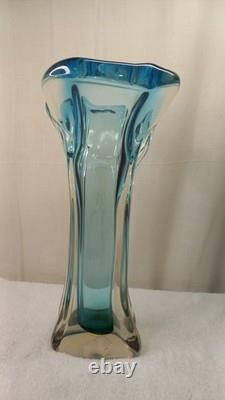 Vintage Mcm Hand Blown Vase Blue Green Split Top Unique Art Glass 13.5 Murano