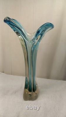 Vintage Mcm Hand Blown Vase Blue Green Split Top Unique Art Glass 13.5 Murano