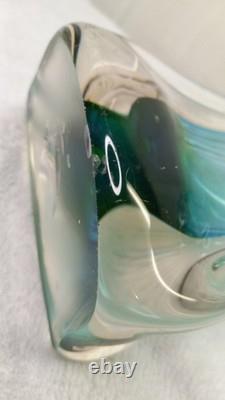 Vintage Mcm Hand Blown Vase Blue Green Split Top Unique Art Glass 13.5 Murano