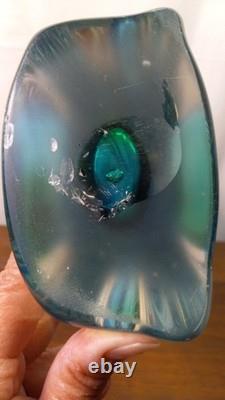 Vintage Mcm Hand Blown Vase Blue Green Split Top Unique Art Glass 13.5 Murano
