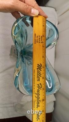 Vintage Mcm Hand Blown Vase Blue Green Split Top Unique Art Glass 13.5 Murano