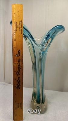 Vintage Mcm Hand Blown Vase Blue Green Split Top Unique Art Glass 13.5 Murano