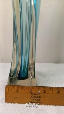 Vintage Mcm Hand Blown Vase Blue Green Split Top Unique Art Glass 13.5 Murano