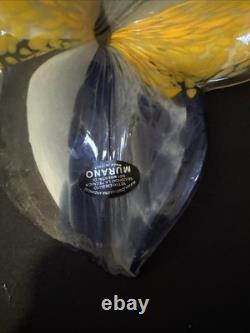 Vintage Mid Century Art Glass Hand Blown Murano Style Yellow & Blue Swirl