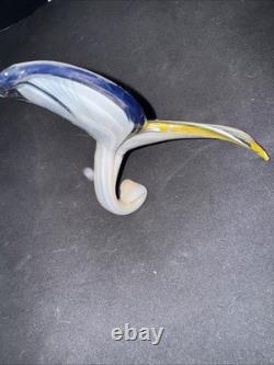 Vintage Mid Century Art Glass Hand Blown Murano Style Yellow & Blue Swirl
