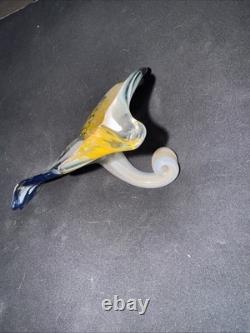 Vintage Mid Century Art Glass Hand Blown Murano Style Yellow & Blue Swirl