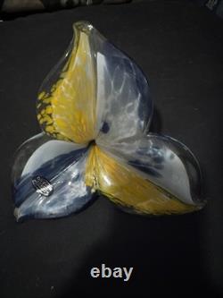 Vintage Mid Century Art Glass Hand Blown Murano Style Yellow & Blue Swirl