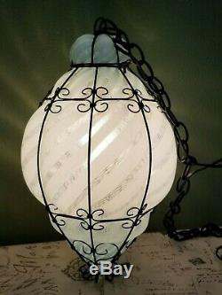 Vintage Mid-Century Caged Hand Blown GLASS Lamp Blue Lattice Chandelier Murano