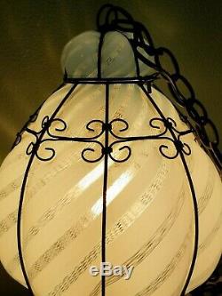 Vintage Mid-Century Caged Hand Blown GLASS Lamp Blue Lattice Chandelier Murano