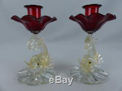 Vintage MidCentury AVEM Murano Handblown Venetian Art Glass Dolphin Candlesticks