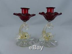 Vintage MidCentury AVEM Murano Handblown Venetian Art Glass Dolphin Candlesticks