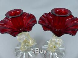 Vintage MidCentury AVEM Murano Handblown Venetian Art Glass Dolphin Candlesticks