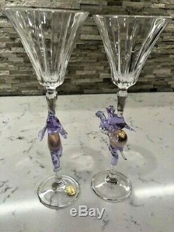 Vintage Murano Amethyst & Gold Color Elephant Flute Goblets (Pair) Hand Blown