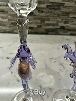 Vintage Murano Amethyst & Gold Color Elephant Flute Goblets (Pair) Hand Blown