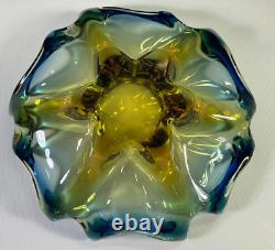 Vintage Murano Art Glass Decorative Bowl Blue & Yellow