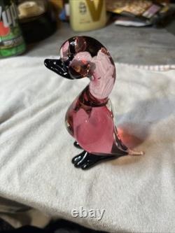 Vintage Murano Art Glass Duck Figurine Pink/Black Italy Hand Blown Very Nice