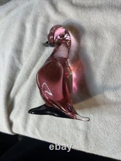 Vintage Murano Art Glass Duck Figurine Pink/Black Italy Hand Blown Very Nice