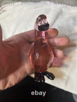 Vintage Murano Art Glass Duck Figurine Pink/Black Italy Hand Blown Very Nice