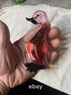 Vintage Murano Art Glass Duck Figurine Pink/Black Italy Hand Blown Very Nice