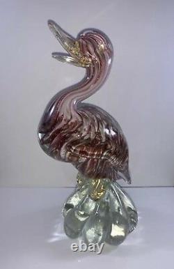 Vintage Murano Art Glass Duck Sculpture 9 3/4 Gold Flecks Hand Blown Glass