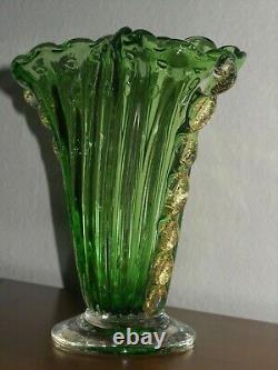 Vintage Murano Art Glass Fan Vase Green & Gold Foil Flecks