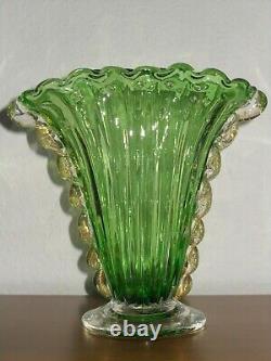 Vintage Murano Art Glass Fan Vase Green & Gold Foil Flecks