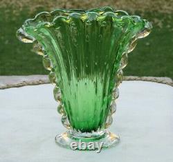 Vintage Murano Art Glass Fan Vase Green & Gold Foil Flecks