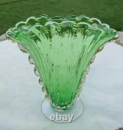 Vintage Murano Art Glass Fan Vase Green & Gold Foil Flecks