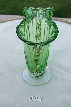 Vintage Murano Art Glass Fan Vase Green & Gold Foil Flecks