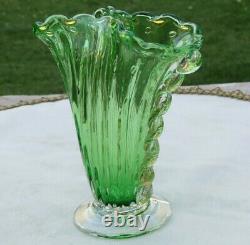 Vintage Murano Art Glass Fan Vase Green & Gold Foil Flecks